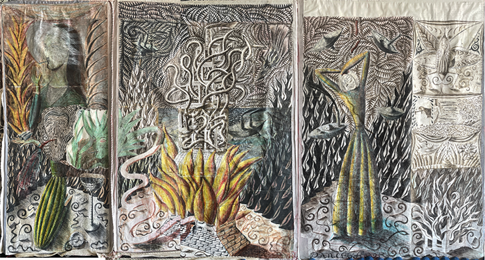 Mike Goodlett: book 1 (triptych) by Mike Goodlet. Dimensions 33 inches tall by 62 inches long (author’s collection)